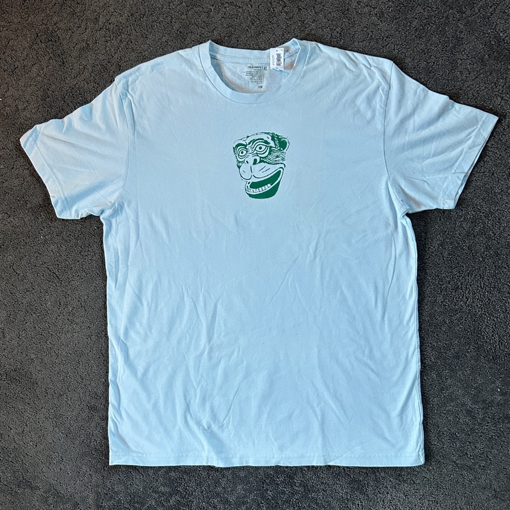 Hand-Screenprinted, Soft, Light Blue T-Shirt with Green Monkey Graphic
